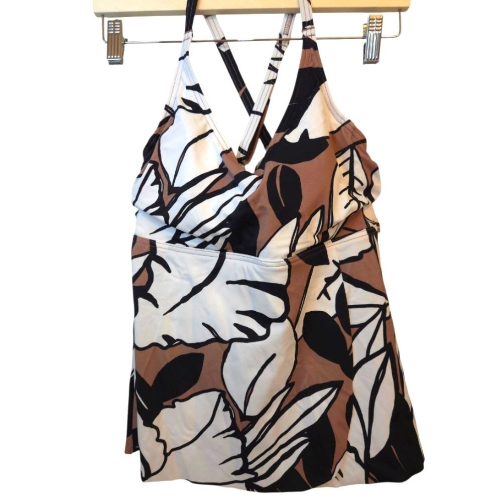 Lands' End V-Neck Brown/Black/White Havana Floral Tankini Top Size:  Small NWT